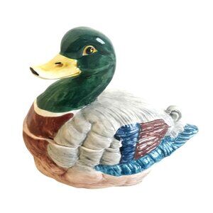 Mallard Duck-Shaped Italian Ceramic Sauce Tureen Lid Ladle Hand-Painted Vintage